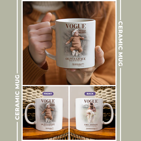 Custom VOGUE Style Mug for Mom & Baby – Personalized Photo, Name & Quote Gift